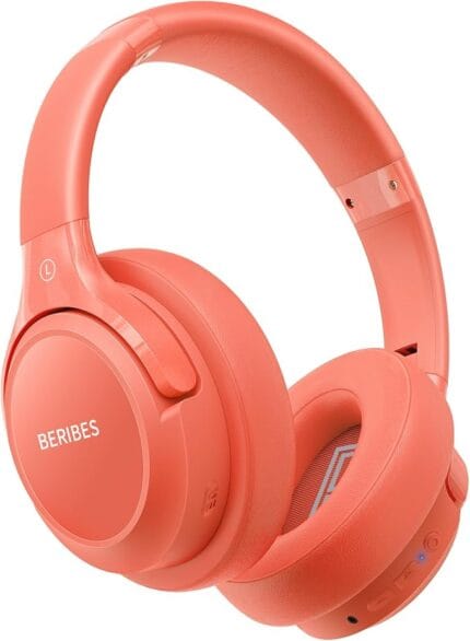 Over ear bluetooth wireless headphones with padded ear cups and adjustable headband.