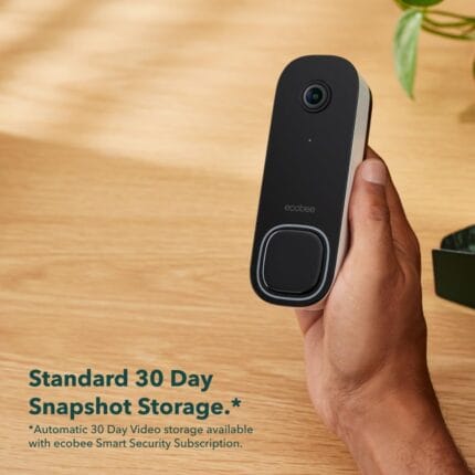 Smart video doorbell camera mounted on a modern entryway wall.