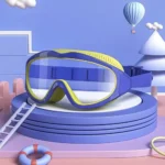 Kids anti fog swimming goggles with wide panoramic lenses and soft silicone strap.