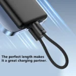 Short USB C fast charging cable attached to a keyring as a lanyard cord.