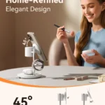 3 in 1 magnetic wireless charger stand charging a smartphone, smartwatch, and earbud case on a desk.