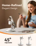3 in 1 magnetic wireless charger stand charging a smartphone, smartwatch, and earbud case on a desk.