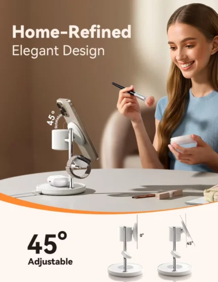 3 in 1 magnetic wireless charger stand charging a smartphone, smartwatch, and earbud case on a desk.