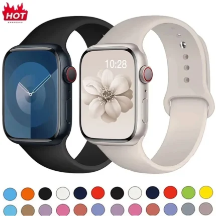 Silicone Apple Watch band with smooth sport strap design and pin closure layout.
